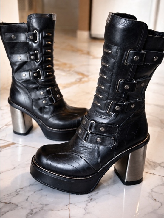 New Rock Shoes - RARE - Y2K Vintage Black New Rock Platform Leather Boots Size 38 W  Or 5UK